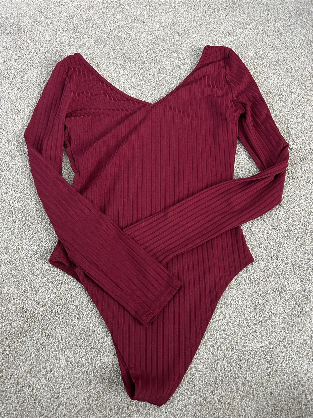 SHEIN Burgundy Ribbed V-Neck Long-Sleeve Bodysuit